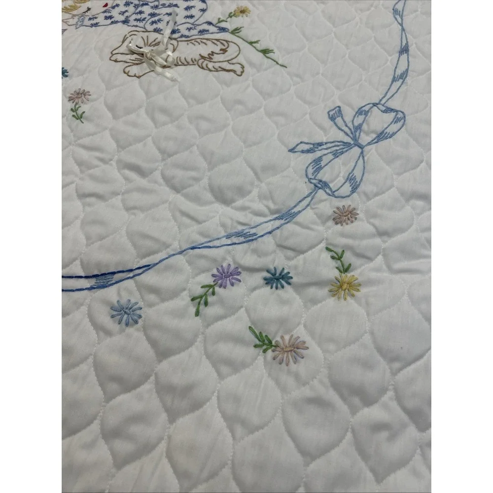 Vintage '73 Hand Stitched Embroidery Baby Quilt Mushroom Kitty Puppy Bows 58x40